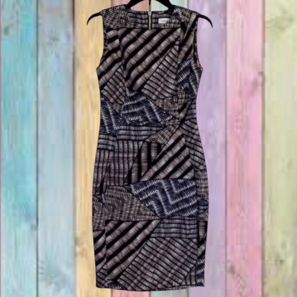 Calvin Klein Black Grey Pattern Lined Scuba Sheath Dress